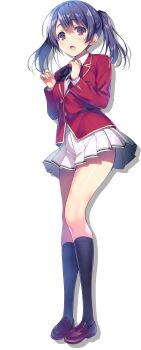 1girl absurdres advanced_nurturing_high_school_uniform black_bow black_bowtie black_hair black_socks bow bowtie brown_shoes character_request full_body highres jacket kneehighs loafers long_sleeves looking_at_viewer official_art open_mouth pleated_skirt red_eyes red_jacket school_uniform shoes simple_background skirt socks solo tomose_shunsaku transparent_background twintails white_skirt youkoso_jitsuryoku_shijou_shugi_no_kyoushitsu_e