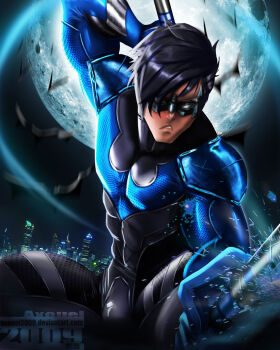 1boy bat_(animal) batman_(series) black_hair bodysuit bulge city dc_comics dick_grayson domino_mask dual_wielding escrima_stick eye_mask full_moon highres holding male_focus mask moon night nightwing solo weapon