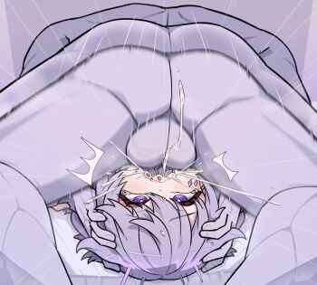 1boy 1girl ass blush cum cum_in_mouth fellatio hair_flaps hand_on_another&#039;s_head heart heart-shaped_pupils highres hololive hololive_english irrumatio koseki_bijou moral_cacoethes motion_lines nude oral penis purple_eyes purple_hair short_hair symbol-shaped_pupils tears virtual_youtuber