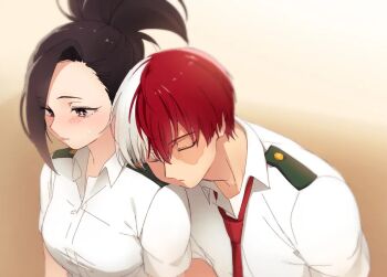 1boy 1girl artist_request black_eyes black_hair boku_no_hero_academia breasts closed_eyes head_on_another&#039;s_shoulder hetero large_breasts long_hair matching_hair/eyes multicolored_hair necktie ponytail red_hair red_necktie scar scar_on_face shirt short_hair todoroki_shoto two-tone_hair u.a._school_uniform white_hair white_shirt yaoyorozu_momo
