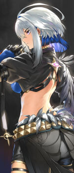 1girl absurdres back black_jacket black_shorts black_wings blue_bra blue_hair bra breasts colored_inner_hair commentary cowboy_shot cropped_jacket dark_background earrings feathered_wings galbrena_(wuthering_waves) grey_hair hanasawa_(hanasawa062) hand_up highres jacket jewelry large_breasts looking_ahead medium_hair multicolored_hair parted_lips profile purple_eyes shorts sidelocks single_wing solo tacet_mark_(wuthering_waves) underwear wings wuthering_waves