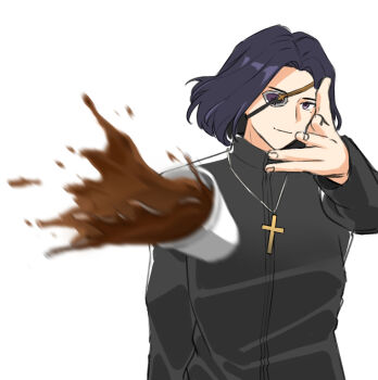 1boy black_hair blurry coffee cross cross_necklace cup disposable_coffee_cup disposable_cup eyepatch fate/strange_fake fate_(series) hansa_cervantes incoming_object jacket jewelry latin_cross long_sleeves luleu_fgo male_focus meme mole mole_under_eye necklace priest short_hair smile solo throwing tossing woe_plague_be_upon_ye_(meme)