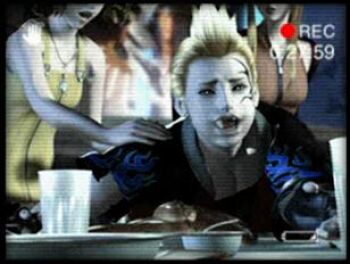 1990s_(style) addiction bread camcorder eating final_fantasy final_fantasy_viii food hot_dog lowres non-web_source open_mouth quistis_trepe retro_artstyle screencap selphie_tilmitt tattoo video_camera zell_dincht