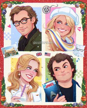 Rule 34 | 2boys, 2girls, amanda woods, american flag, black-framed eyewear, blonde hair, blue eyes, brown eyes, brown hair, commentary, cup, disposable cup, english commentary, film reel, glasses, graham simpkins, green eyes, green jacket, grin, hat, highres, iris simpkins, jacket, jaws (movie), long hair, looking at another, luztapiaart, miles dumont, multiple boys, multiple girls, scarf, short hair, smile, the holiday (2006), union jack, white hat, white jacket