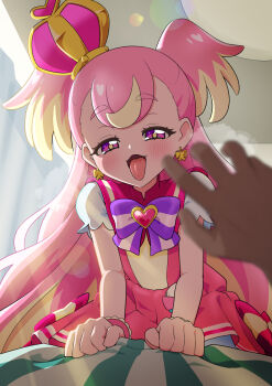 1girl 1other :d arched_crown blanket blonde_hair blush bow bow_earrings bright_pupils brooch capelet clenched_hands commentary crown cure_wonderful dress dress_bow earrings frilled_wrist_cuffs frills half-closed_eyes heart heart_brooch highres indoors inukai_komugi jewelry lens_flare long_hair looking_at_viewer magical_girl mini_crown multicolored_bow multicolored_hair on_bed open_mouth pact_holder pink_bow pink_capelet pink_crown pink_dress pink_hair pink_wrist_cuffs pouch pov precure puff_of_air puffy_short_sleeves puffy_sleeves purple_bow purple_eyes short_dress short_sleeves smile solo_focus streaked_hair striped_bow tiler_(tiler00) tilted_headwear tongue tongue_out two-tone_hair two_side_up very_long_hair wonderful_pact wonderful_precure! wrist_cuffs yellow_pupils