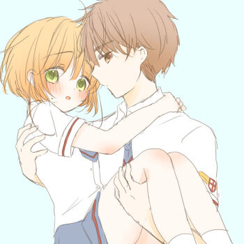 Rule 34 | 1boy, 1girl, blush, brown eyes, brown hair, cardcaptor sakura, carrying, carrying person, couple, green eyes, kinomoto sakura, li syaoran, looking at viewer, princess carry, rui (tsukihana), school uniform, short hair, skirt, socks, tomoeda middle school uniform, white socks