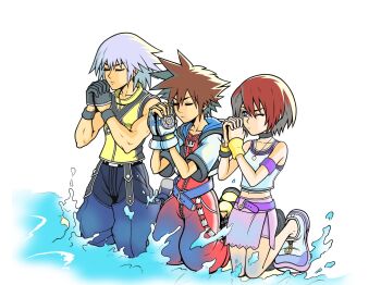 Rule 34 | 1girl, 2boys, beach, blue eyes, breasts, brown hair, closed eyes, crop top, disney, fingerless gloves, gloves, highres, kairi (kingdom hearts), kingdom hearts, kneeling, legs, medium breasts, midriff, multiple boys, navel, ocean, one eye closed, own hands clasped, pants, pointy hair, praying, riku (kingdom hearts), skirt, solo, sora (kingdom hearts), square enix, thighs, water, white hair