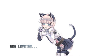Rule 34 | 1girl, animal ear fluff, animal ears, armor, black gloves, black skirt, black thighhighs, blonde hair, blue eyes, blush, cat ears, cat girl, cat tail, commentary request, cowboy shot, cross, ganges gawa, gauntlets, gloves, highres, leaning forward, looking at viewer, official alternate costume, open mouth, pauldrons, pleated skirt, ragnarok online, rune knight (ragnarok online), short hair, shoulder armor, simple background, skirt, solo, tail, thighhighs, white background