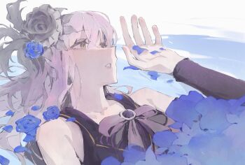 Rule 34 | 1girl, absurdres, bang dream!, black flower, black rose, blue flower, blue rose, bow, bowtie, commentary, dress, flower, gen 3 pokemon, grey bow, grey bowtie, grey hair, hair flower, hair ornament, highres, long hair, lying, male focus, open mouth, rose, roselia (pokemon), simple background, sleeveless, solo, upper body, xenoee, yellow eyes