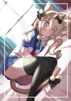 Rule 34 | 1girl, animal ears, bed, bell, black bow, black choker, black thighhighs, blonde hair, blue sailor collar, blue skirt, blurry, blurry background, bow, breasts, cat ears, cat tail, choker, curtains, day, dutch angle, girls' frontline, green eyes, hair bell, hair bow, hair ornament, hair spread out, half-closed eyes, hand up, hayarob, highres, indoors, jingle bell, legs together, light blush, long hair, looking at viewer, lying, miniskirt, multiple hair bows, neck bell, neckerchief, on bed, on side, parted lips, pleated skirt, red neckerchief, sailor collar, sailor shirt, school uniform, serafuku, shirt, short sleeves, skirt, small breasts, solo, sunlight, tail, tail bell, tail bow, tail ornament, thighhighs, tmp (girls' frontline), white shirt, window