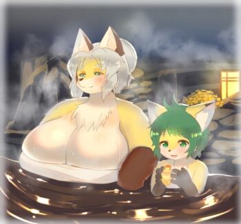 1boy 1girl age_difference ahoge animal_ears bad_id bad_twitter_id bare_shoulders bath blush breasts bursting_breasts colored_skin concon-collector fox fox_boy fox_ears fox_girl furry gen_1_pokemon gosounokitsune_sonhaku green_eyes green_hair half-closed_eyes hermit_fox_byakudan huge_breasts kyuuri light long_hair looking_to_the_side mature_female naked_towel night nintendo nude onsen open_mouth outdoors pokemon rubber_duck shiny_skin short_hair shota sidelocks sitting size_difference skindentation steam sweat thick_eyebrows towel toy underwater upper_body water wet white_hair yellow_skin