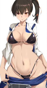 1girl bikini bikini_under_clothes black_bikini blue_hakama blush breasts brown_eyes brown_hair clothes_pull commentary_request covered_erect_nipples hakama hakama_short_skirt hakama_skirt highleg highleg_bikini highres japanese_clothes kaga_(kancolle) kantai_collection large_breasts looking_at_viewer moroheiya_(moroheiya-works) navel short_side_ponytail side_ponytail simple_background skirt smile solo sweat swimsuit white_background