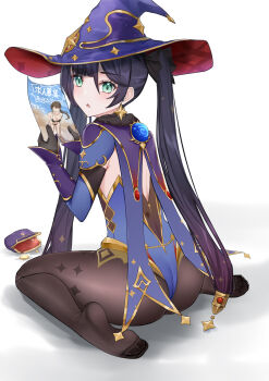 1girl ass back black_gloves black_hair black_pantyhose blue_leotard capelet coin detached_sleeves earrings flyer from_behind fur_collar genshin_impact gloves green_eyes hat highres holding holding_paper jewelry leotard lim_(ramu) long_hair looking_at_viewer looking_back mona_(genshin_impact) mora_(genshin_impact) no_shoes open_mouth pantyhose paper poster_(object) sitting solo sparkle_print star_(symbol) star_earrings twintails very_long_hair vision_(genshin_impact) wariza witch_hat