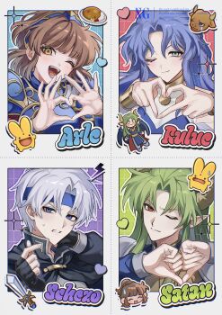 2boys 2girls ;) ;d ^_^ absurdres arle_nadja armor artist_name black_cape black_gloves blue_armor blue_background blue_eyes blue_hair blue_headband blush breastplate brown_hair cape carbuncle_(puyopuyo) character_name chibi chibi_inset chromatic_aberration closed_eyes closed_mouth commentary curry demon_boy demon_horns finger_heart fingerless_gloves fingernails food furrowed_brow gloves green_background green_eyes green_hair grid_background half_updo hand_on_own_neck hands_up headband heart heart_hands highres horns lightning_bolt_symbol long_fingernails long_hair long_sleeves looking_at_viewer minotaur_(puyopuyo) multiple_boys multiple_girls one_eye_closed open_mouth outline parted_bangs pauldrons plate pointy_ears purple_background puyopuyo red_background red_eyes rulue_(puyopuyo) satan_(puyopuyo) schezo_wegey short_hair shoulder_armor simple_background smile soinjan sparkle sweat sweatdrop sword thumbs_down thumbs_down_heart_hands weapon white_hair white_outline yellow_eyes