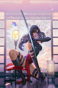 1girl commentary english_commentary fan_yang_(jiuge) halter_leotard halterneck highleg highleg_leotard katana leotard marvel psylocke purple_leotard sash solo superhero_costume sword waist_sash weapon x-men