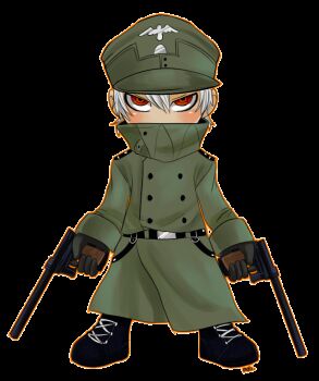 animated animated_gif belt belt_buckle blinking boots buckle captain_(hellsing) chickenoverlord coat dual_wielding gun handgun hat hellsing holding mauser_c96 military military_hat military_uniform millenium_(hellsing) nazi overcoat red_eyes tan transparent_background weapon white_hair