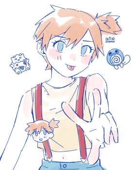 1girl :p artist_name badge bare_arms blue_eyes blush blush_stickers character_print chibi closed_mouth ehnokey emoji eyelashes gen_1_pokemon gen_2_pokemon green_eyes looking_at_viewer midriff misty_(pokemon) navel nintendo orange_hair outstretched_arm pokemon pokemon_(anime) pokemon_(classic_anime) pokemon_rgby poliwag ponytail shirt short_hair shorts side_ponytail simple_background sleeveless sleeveless_shirt smile solo suspenders togepi tongue tongue_out upper_body v w white_background yellow_shirt