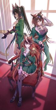 3girls absurdres aiguillette animal_ears ascot black_choker black_gloves black_hair black_thighhighs blue_eyes breasts brown_hair buttons cape chair choker cleavage closed_mouth commentary_request crop_top dark-skinned_female dark_skin double-breasted ear_ornament earrings epaulettes fingerless_gloves gloves green_jacket green_pants green_shorts green_skirt hair_between_eyes highres horse_ears horse_girl horse_tail indoors jacket jewelry large_breasts long_hair long_sleeves looking_at_viewer medal multicolored_hair multiple_girls murangee on_chair open_clothes open_jacket pants parted_lips pendant_choker ponytail purple_eyes red_cape red_eyes shirt shoes shorts side_cape single_earring single_epaulette sirius_symboli_(feroce)_(umamusume) sirius_symboli_(umamusume) sitting skirt smile streaked_hair symboli_kris_s_(onyx_soldier)_(umamusume) symboli_kris_s_(umamusume) symboli_rudolf_(emperor's_path)_(umamusume) symboli_rudolf_(umamusume) tail thigh_strap thighhighs umamusume very_long_hair white_ascot white_gloves white_hair window