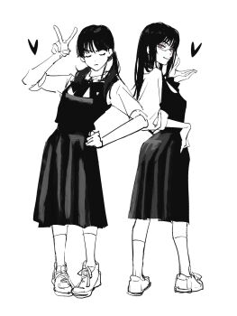 2girls chainsaw_man dress fourth_east_high_school_uniform greyscale hand_up heart highres long_hair low_twintails mitaka_asa monochrome multiple_girls needbee_r orange_eyes pinafore_dress ringed_eyes school_uniform shirt sleeveless sleeveless_dress sleeves_rolled_up spot_color standing twintails v yoru_(chainsaw_man)