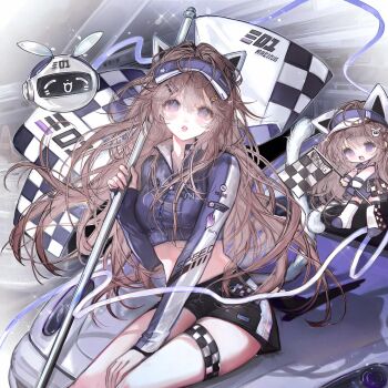 1girl animal_ears black_shorts breasts brown_hair cat_ears checkered_flag chibi crop_top flag hair_ornament hairclip highres holding holding_flag long_hair long_sleeves looking_at_viewer medium_breasts midriff official_alternate_costume open_mouth original parted_lips purple_eyes race_queen short_shorts shorts sitting solo thigh_strap thighs very_long_hair visor_cap wuyu16