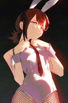1girl animal_ears black_hair black_necktie chainsaw_man fishnet_pantyhose fishnets hair_ornament hairclip higashiyama_kobeni highres leotard mole mole_on_cheek mole_under_mouth necktie pantyhose playboy_bunny ponytail rabbit_ears raneblu short_hair single_sidelock solo sweat wrist_cuffs
