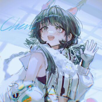 absurdres arknights arknights:_endfield artist_name black_hair character_name chen_qianyu_(arknights) commentary dragon_girl dragon_horns eastern_dragon_horns english_commentary gloves grey_eyes hand_up highres horns long_hair open_mouth pink_pupils sakiyo single_glove smile teeth upper_body upper_teeth_only