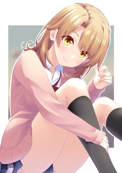 1girl absurdres atelier_z44 black_socks blush border brown_eyes brown_hair cardigan closed_mouth commentary_request feet_out_of_frame highres hugging_own_leg isshiki_iroha kneehighs long_sleeves looking_at_viewer medium_hair miniskirt neck_ribbon outdoors outline outside_border pink_cardigan plaid_clothes plaid_skirt playing_with_own_hair pleated_skirt red_ribbon ribbon school_uniform sitting skirt sky sobu_high_school_uniform socks solo thighs white_border white_outline winter_uniform yahari_ore_no_seishun_lovecome_wa_machigatteiru.