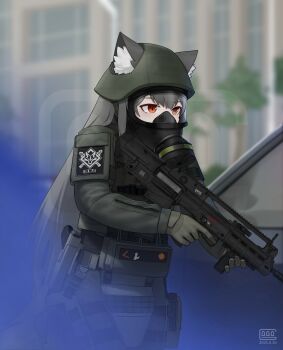 1girl absurdres ammunition_pouch animal_ears arm_armor assault_rifle belt_pouch blurry blurry_background body_armor brown_gloves brown_hair brown_helmet brown_jacket brown_pants building bulletproof_vest bullpup car cat_girl combat_helmet cowboy_shot dated dated_commentary day ears_through_headwear gas_mask gas_mask_canister glock gloves gogo_(gogo_23) gun handgun helmet highres holding holding_gun holding_weapon holster jacket load_bearing_vest logo long_hair magazine_(weapon) mask military_operator motor_vehicle original outdoors pants patch pouch product_placement red_eyes rifle signature tactical_clothes thigh_armor thigh_pouch tree trigger_discipline unit_patch vertical_foregrip vhs-d2 watermark weapon window zipper zipper_pull_tab