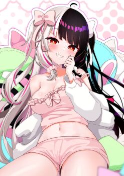 1girl ahoge black_hair blush bow breasts camisole cardigan chemise cleavage cowboy_shot cushion frilled_camisole frills grey_hair hair_bow hashtag-only_commentary highres large_breasts long_hair long_sleeves looking_at_viewer low-tied_sidelocks midriff multicolored_hair naughty_face navel nijisanji off_shoulder pillow pink_background pink_camisole pink_cardigan pink_shorts polka_dot polka_dot_background raised_inner_eyebrows red_eyes red_streaks ribbon shorts sidelocks sitting smile solo split-color_hair streaked_hair thighs toriniku_(selene1050) twintails two-tone_hair very_long_hair virtual_youtuber yorumi_rena yorumi_rena_(loungewear)