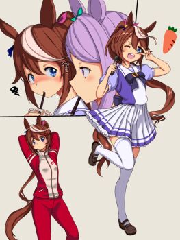 2girls ? animal_ears arms_behind_back blue_eyes blush brown_hair carrot commentary_request cup drinking drinking_straw grey_hair gumakara holding holding_cup holding_microphone horse_ears horse_girl horse_tail jacket long_hair mejiro_mcqueen_(umamusume) microphone miniskirt multicolored_hair multiple_girls one_eye_closed pants pleated_skirt ponytail purple_eyes purple_hair purple_serafuku red_pants school_uniform serafuku skirt squiggle standing standing_on_one_leg streaked_hair tail thighhighs tokai_teio_(umamusume) tracen_school_uniform tracen_training_uniform track_jacket track_pants track_suit two-tone_hair umamusume v v_over_eye white_thighhighs zettai_ryouiki