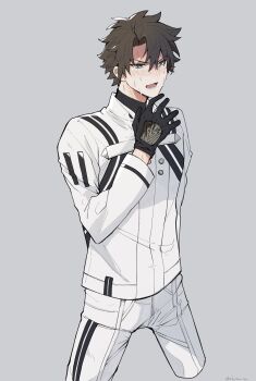 1boy black_gloves blue_eyes brown_hair fate/grand_order fate_(series) fujimaru_ritsuka_(male) fujimaru_ritsuka_(male)_(decisive_battle_chaldea_uniform) gloves grey_background highres male_focus shusun_sun simple_background sweat upper_body