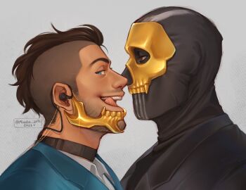 2boys absurdres black_hair black_jacket black_shirt blue_eyes blue_jacket brown_eyes call_of_duty call_of_duty:_modern_warfare_2 earphones facial_hair ghost_(modern_warfare_2) highres jacket looking_at_another male_focus mask mindiearts multiple_boys shirt short_hair skull_mask smile soap_(modern_warfare_2) tongue tongue_out twitter_username white_shirt