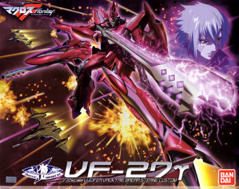 Rule 34 | 1boy, absurdres, alternate color, alternate form, bandai, box art, brera sterne, canards, character name, copyright notice, energy, energy beam, energy cannon, explosion, fleet, glowing, green visor, gunpod, highres, hologram, machinery, macross, macross frontier, mecha, model kit, official art, robot, science fiction, space, tenjin hidetaka, title, variable fighter, vf-27