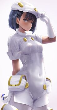 1girl absurdres aether_foundation_employee aether_foundation_employee_(female) black_hair breasts commentary_request covered_navel cowboy_shot gloves great_ball grey_eyes hand_on_headwear hand_up hat highres holding holding_poke_ball naccyo43 nintendo overalls pantyhose poke_ball pokemon pokemon_sm short_hair short_sleeves simple_background solo white_background white_gloves white_hat white_overalls