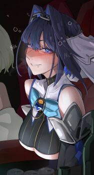 2girls absurdres beer_can black_sleeves blue_bow blue_eyes blue_gemstone blue_hair bow breasts can cecilia_immergreen cecilia_immergreen_(1st_costume) chain chain_headband clothing_cutout commentary detached_sleeves drink_can drunk english_commentary gem hair_intakes highres hololive hololive_english large_breasts looking_at_viewer multiple_girls ouro_kronii ouro_kronii_(1st_costume) rikuje underboob underboob_cutout veil virtual_youtuber