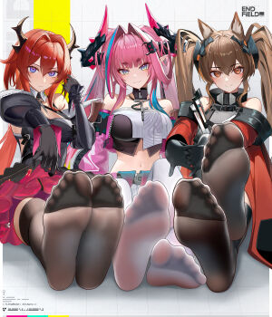 3girls :3 absurdres angelina_(arknights) animal_ears arknights arknights:_endfield black_thighhighs blue_eyes bm_(bm364364) breasts brown_eyes brown_hair commentary_request crop_top feet foot_focus fox_ears gilberta_(arknights) highres horns jacket laevatain_(arknights) large_breasts long_hair multiple_girls no_shoes pantyhose pink_hair pointy_ears red_eyes red_jacket sitting smile surtr_(arknights) thighhighs twintails white_pantyhose yvonne_(arknights)