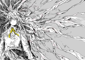 Rule 34 | 1girl, absurdly long hair, black skirt, cardigan, charlotte wiltshire, expressionless, hello charlotte, highres, long hair, lying, mukounokawa, partially colored, ribbon, shirt, skirt, tagme, very long hair, white cardigan, white hair, white shirt, yellow ribbon