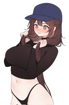 1girl baseball_cap black_choker black_nails black_panties black_shirt blue_hat blush breasts brown_eyes brown_hair choker closed_mouth commentary english_commentary fingernails hat heart heart-shaped_lock heart_collar heart_in_eye highres holding holding_own_hair indie_virtual_youtuber large_breasts long_hair long_sleeves nail_polish navel panties shirt simple_background sky_above_me sky_above_me_(vtuber) solo stomach symbol_in_eye thighs underwear virtual_youtuber visor_cap white_background