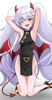 1girl absurdres armpits arms_behind_back black_dress black_shoes blush breasts china_dress chinese_clothes covered_navel demon_girl demon_tail demon_wings dress eyebrows_hidden_by_hair grey_background grim_aloe groin high_heels highres kneeling long_hair looking_at_viewer one_eye_closed open_mouth quiz_magic_academy red_eyes shoes small_breasts smile solo stiletto_heels tail tanukiya teeth upper_teeth_only very_long_hair wings