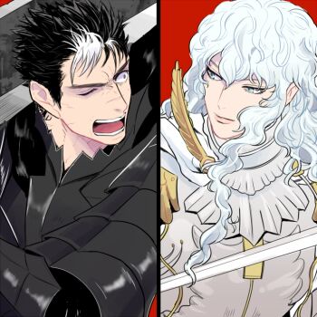 2boys armor berserk berserker_armor black_hair blue_eyes griffith_(berserk) guts_(berserk) long_hair male_focus multicolored_hair multiple_boys one_eye_closed open_mouth scar smile spiked_hair split_screen sword two-tone_hair u_(lastcrime) wavy_hair weapon white_hair