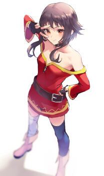 Rule 34 | 1girl, bare shoulders, black hair, black thighhighs, blush, breasts, choker, dress, hair between eyes, highres, kono subarashii sekai ni shukufuku wo!, long hair, long sleeves, looking at viewer, megumin, miyamoto satoru, no headwear, off-shoulder dress, off shoulder, red dress, red eyes, revision, short hair, short hair with long locks, sidelocks, small breasts, solo, thighhighs, white thighhighs