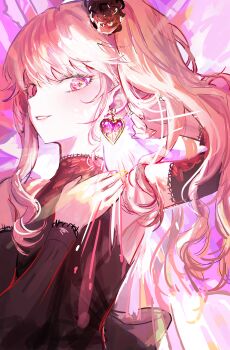 1other absurdres akiyama_mizuki arm_up armpits back_bow black_bow bow commentary compression_shirt compression_sleeve drill_hair drill_ponytail drill_sidelocks earrings flower hair_flower hair_ornament hand_on_own_shoulder heart heart-shaped_gem heart_earrings high_side_ponytail highres jewelry light_blush light_smile nail_polish off_shoulder other_focus parted_lips pink_eyes pink_hair pink_nails pink_theme ponytail project_sekai red_flower side_ponytail sidelocks single_empty_eye someang