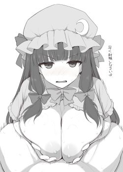 1boy 1girl blunt_bangs blush breasts capelet clothed_female_nude_male commentary_request crescent crescent_hat_ornament greyscale hat hat_ornament hetero highres huge_breasts kurikara long_hair looking_at_viewer mob_cap monochrome motion_lines nipples nude open_mouth paizuri patchouli_knowledge sidelocks simple_background solo_focus touhou translation_request v-shaped_eyebrows