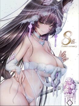 1girl animal_ear_fluff animal_ears anniversary azur_lane bouquet breasts commander_kei commentary cowboy_shot detached_sleeves earrings english_commentary facial_mark flower from_side highres holding_strap jewelry large_breasts musashi_(azur_lane) navel panties purple_hair revealing_clothes ring rose see-through_clothes see-through_veil side-tie_panties simple_background solo underwear untied_panties veil wedding_ring whisker_markings white_background white_flower white_panties white_rose yellow_eyes