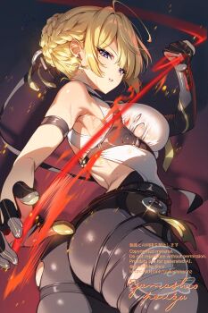 1girl adversarial_noise ahoge arm_strap armpits ass blonde_hair braid braided_bun breasts earrings evelyn_chevalier from_behind gomashio_ponz hair_bun hair_ornament highres jewelry large_breasts looking_back mole mole_under_eye parted_lips purple_eyes shirt solo sweat torn_clothes torn_shirt zenless_zone_zero