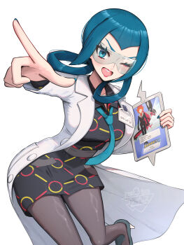 1boy 1girl absurdres beard black_dress black_gloves black_necktie black_pants black_pantyhose blue_eyes blue_hair blush breasts coat dress facial_hair fur-trimmed_jacket fur_trim gen_6_pokemon glasses gloves gonzarez hair_rings highres holding holding_tablet_pc jacket lab_coat large_breasts legendary_pokemon lipstick long_hair long_sleeves looking_at_viewer lysandre_(pokemon) mable_(pokemon) makeup necktie nintendo one_eye_closed open_clothes open_mouth orange_hair pants pantyhose pokemon pokemon_legends:_z-a pokemon_xy simple_background smile spiked_hair tablet_pc team_flare white_coat yveltal