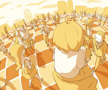 6+boys 6+girls absurdres ahoge avogado6 bag carrying child faceless faceless_female faceless_male ferris_wheel formal_clothes handbag highres long_hair monochrome multiple_boys multiple_girls necktie original outdoors piggyback ponytail school_uniform serafuku shadow short_hair shorts skirt suit walking yellow_theme