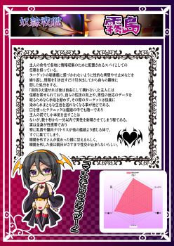 1girl absurdres abyssal_ship alternate_costume alternate_eye_color animal_collar armpits bare_shoulders bat_wings black_cape black_hair black_panties boots breasts cape character_name chart checkered_background chibi cleavage collar collarbone corruption crop_top dark_persona detached_sleeves full_body gem glasses hair_ornament hairband hand_on_own_hip heart heart_tattoo highleg highleg_panties highres japanese_text kantai_collection kirishima_(kancolle) large_breasts latex latex_panties looking_at_viewer militia_minpei navel panties pubic_tattoo purple_eyes red_collar short_hair skin_tight smile solo tattoo thigh_boots thighhighs translated underwear waist_cape wings