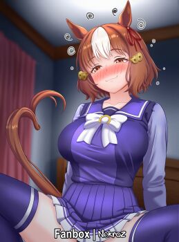 1girl absurdres animal_ears belno_light_(umamusume) blue_thighhighs blurry blurry_background blush bow breasts brown_hair commission drunk ear_ribbon fanbox_username hair_ornament highres horse_ears horse_girl horse_tail indoors large_breasts long_sleeves multicolored_hair nekroz7 out-of-frame_censoring paid_reward_available pixiv_commission red_ribbon ribbon school_uniform short_hair solo streaked_hair tail thighhighs tracen_school_uniform umamusume umamusume:_cinderella_gray white_hair