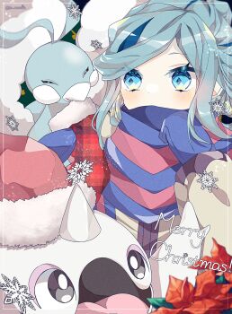 1boy altaria beak bird black_eyes blue_eyes blue_feathers blue_hair blue_mittens blue_scarf cetoddle feathers flower fluffy gen_3_pokemon grusha_(pokemon) hat highres jacket long_hair long_sleeves looking_at_another male_focus merry_christmas mittens nintendo poinsettia pokemon pokemon_(creature) pokemon_sv santa_hat scarf scarf_over_mouth simple_background snowflakes striped_clothes striped_scarf to_camellia two-tone_scarf upper_body white_feathers yellow_jacket